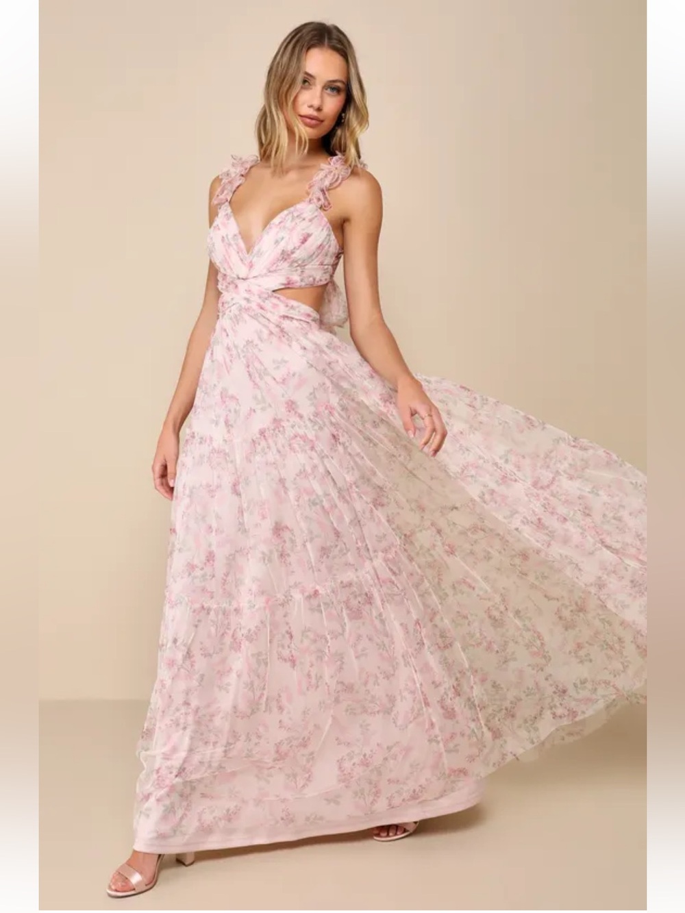NWT Lulu’s Ethereal Love Blush Floral Pleated Tiered Tie-Back Maxi Dress Sz: L